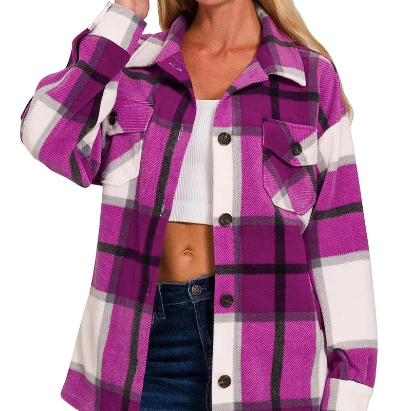 Zenana Oversized Plaid Fleece Shacket on Simply Obsessed