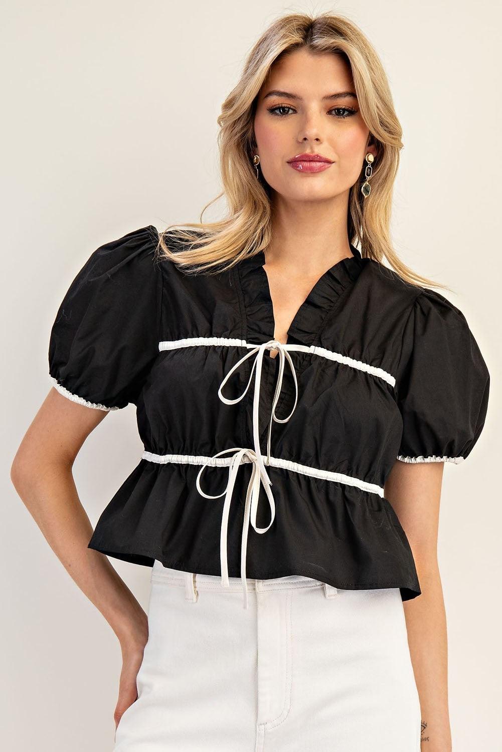 EESOME Bow Tie 3/4 Sleeve Top - BLACK on Simply Obsessed