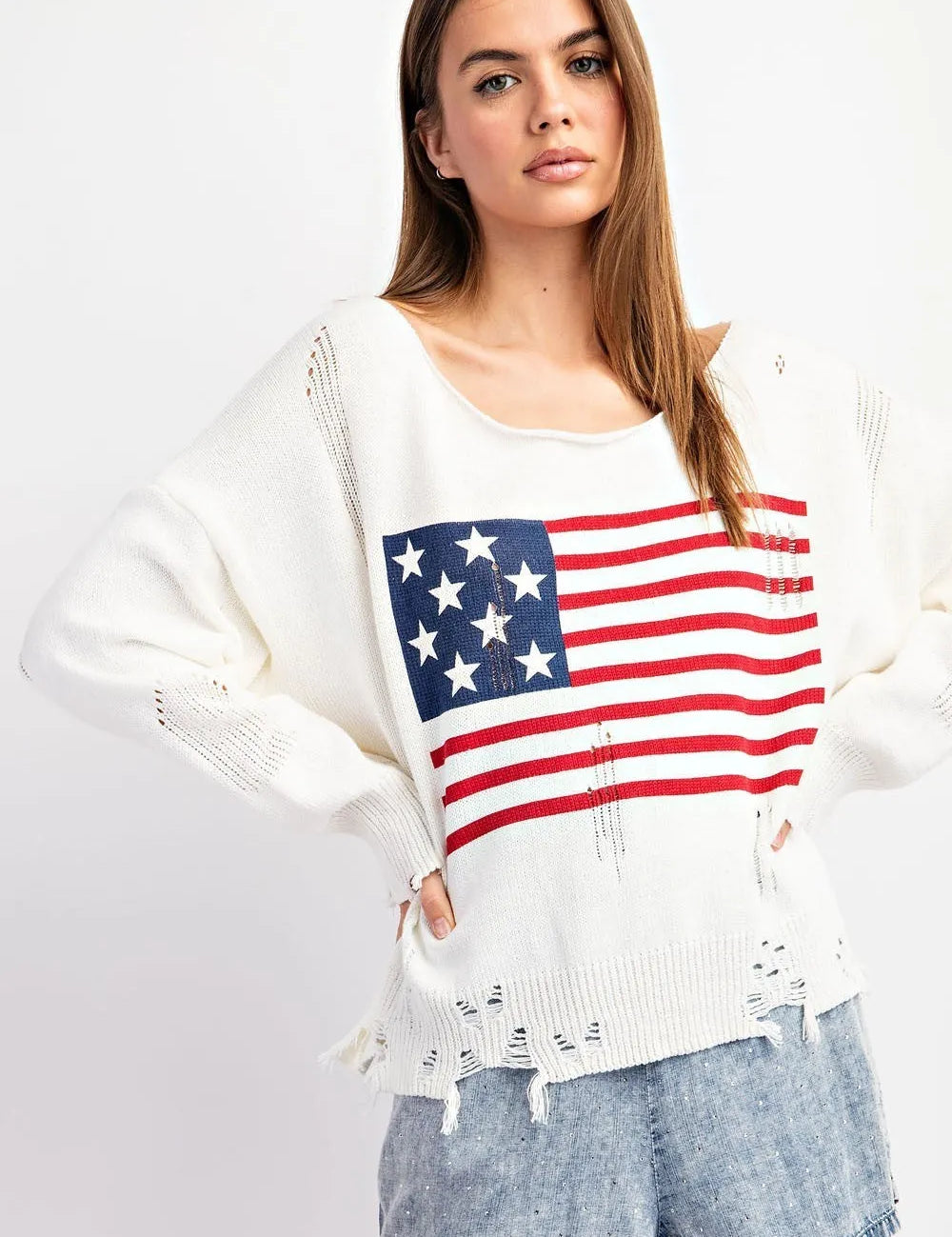 EESOME Distressed American Flag Sweater - IVORY on Simply Obsessed