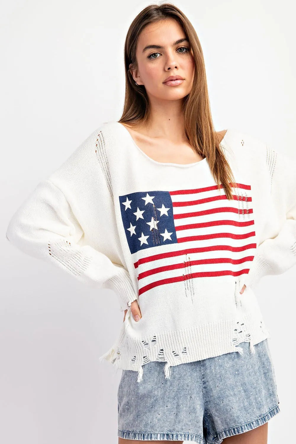 EESOME Distressed American Flag Sweater - IVORY on Simply Obsessed