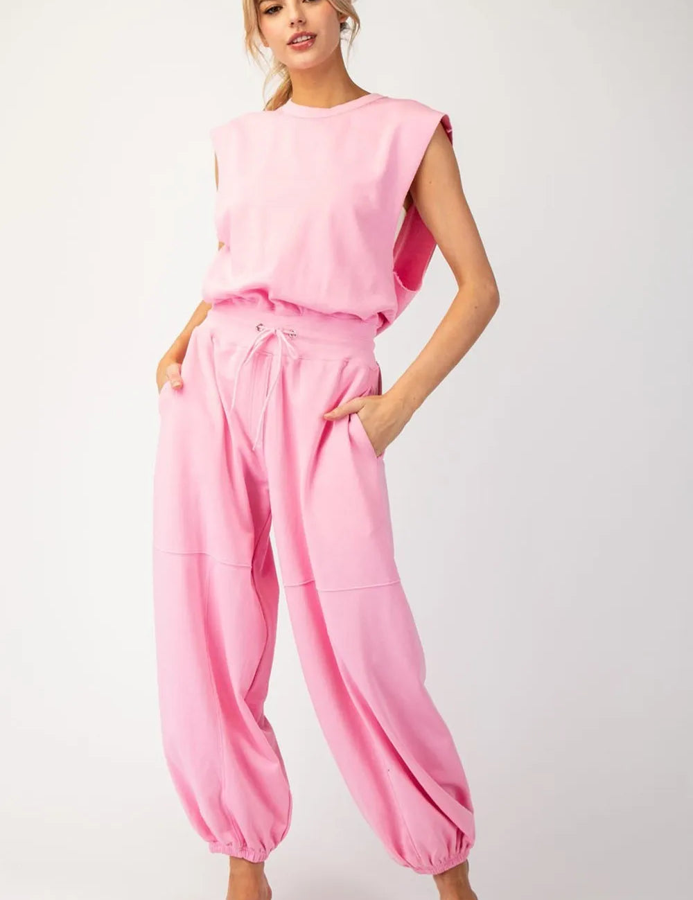 EESOME Mineral Washed Jumpsuit - PINK on Simply Obsessed