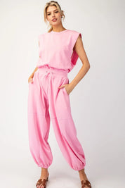EESOME Mineral Washed Jumpsuit - PINK on Simply Obsessed