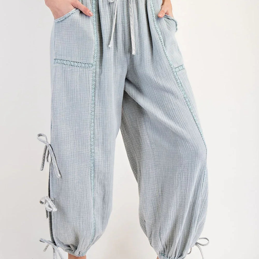 EESOME Mineral Washed Ribbon Side Tie Pants - TOPAZ GREEN on Simply Obsessed