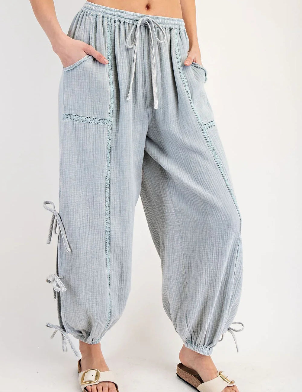 EESOME Mineral Washed Ribbon Side Tie Pants - TOPAZ GREEN on Simply Obsessed
