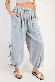 EESOME Mineral Washed Ribbon Side Tie Pants - TOPAZ GREEN on Simply Obsessed