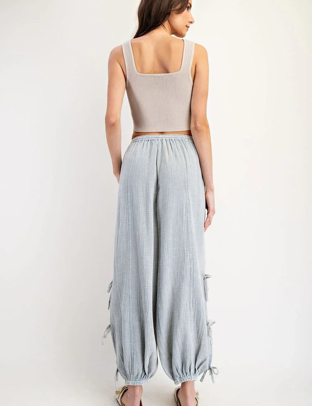 EESOME Mineral Washed Ribbon Side Tie Pants - TOPAZ GREEN on Simply Obsessed