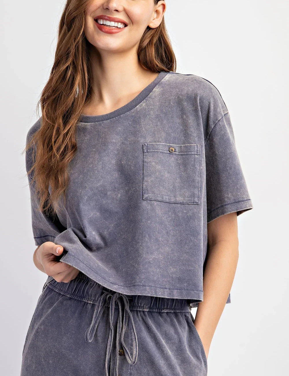 EESOME Mineral Washed Short Sleeve Top - DENIM on Simply Obsessed