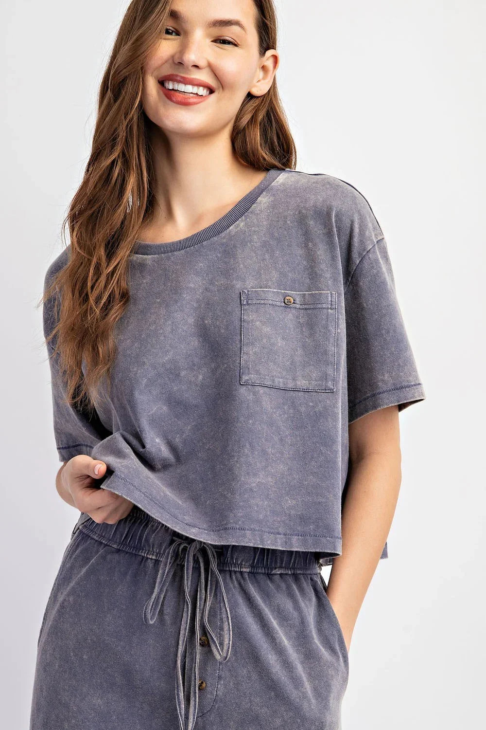 EESOME Mineral Washed Short Sleeve Top - DENIM on Simply Obsessed