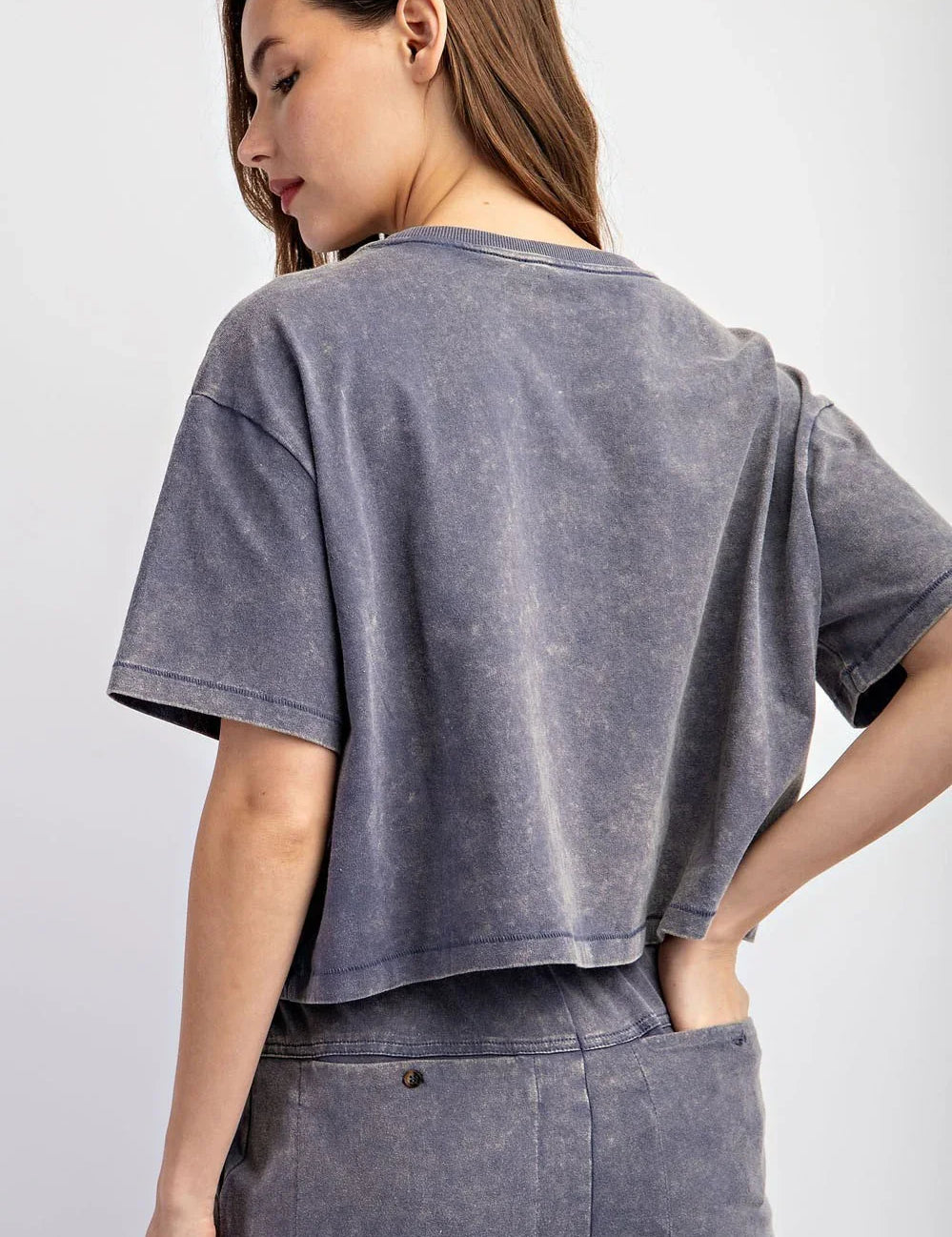 EESOME Mineral Washed Short Sleeve Top - DENIM on Simply Obsessed