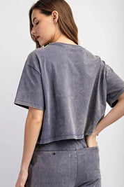 EESOME Mineral Washed Short Sleeve Top - DENIM on Simply Obsessed