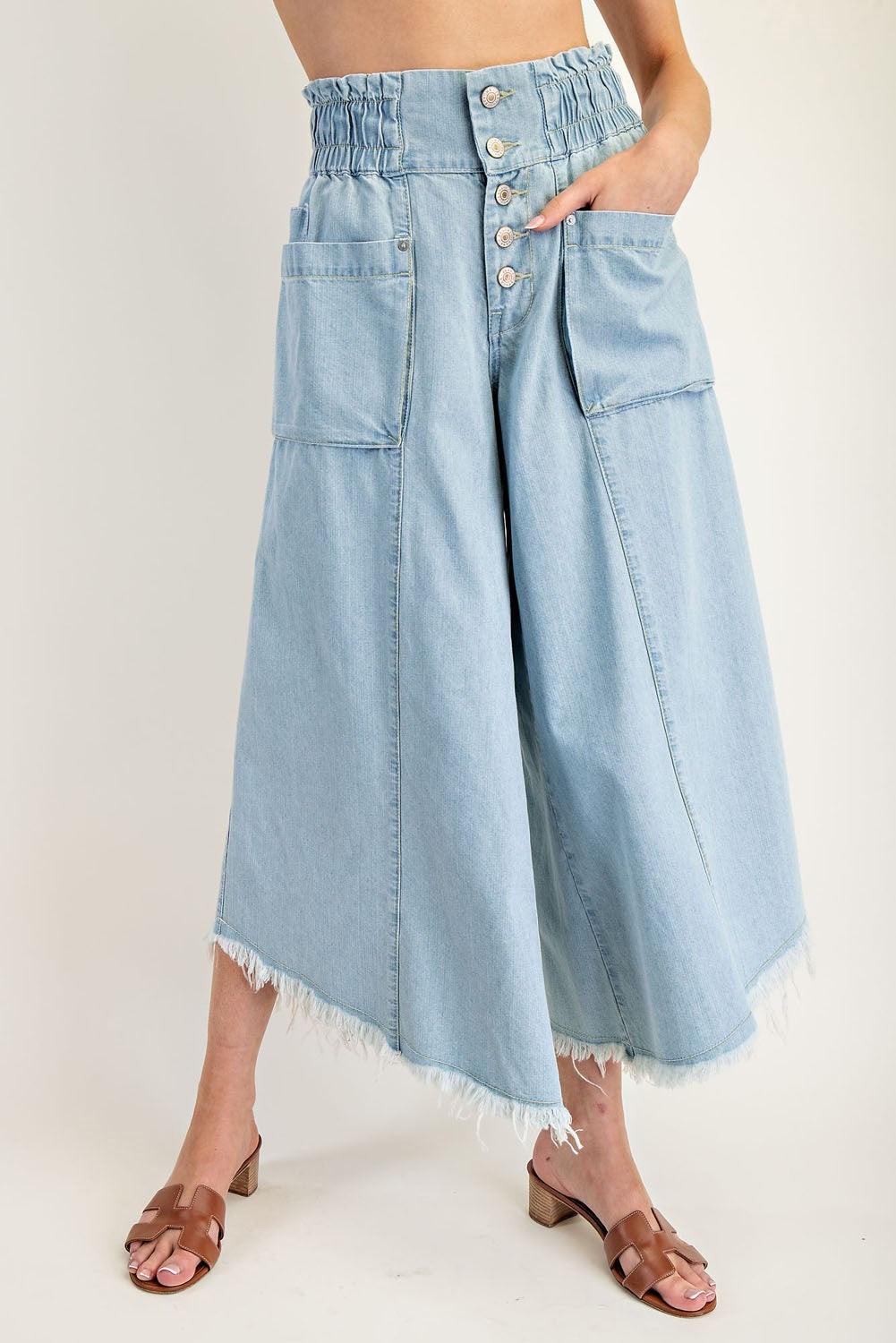 EESOME Mineral Washed Wide Leg Denim Culottes - LIGHT DENIM on Simply Obsessed