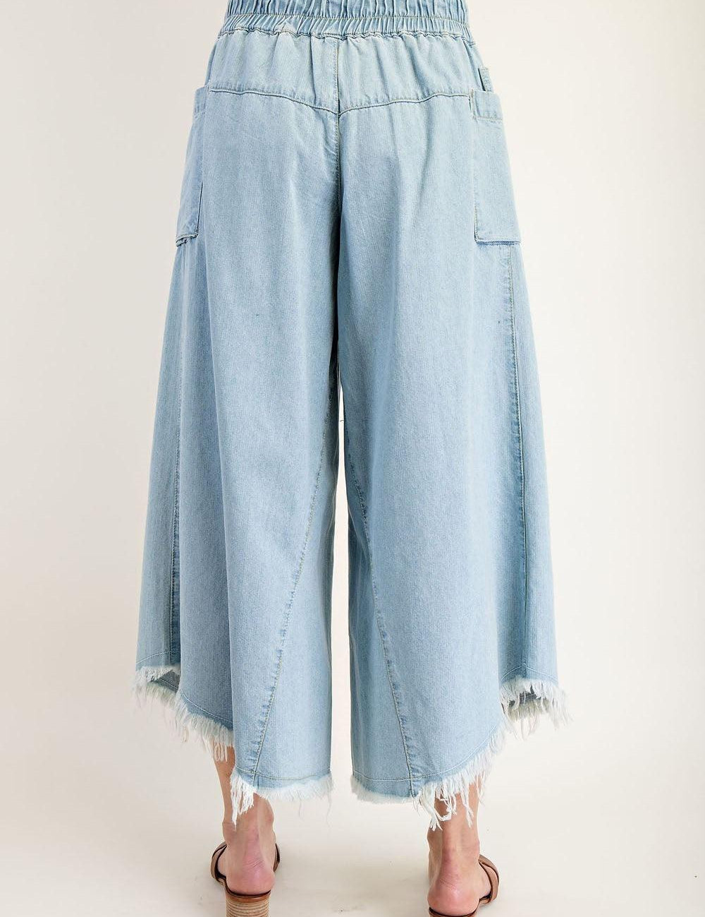 EESOME Mineral Washed Wide Leg Denim Culottes - LIGHT DENIM on Simply Obsessed