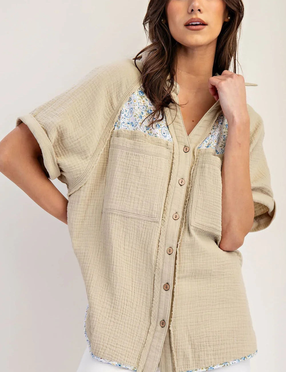 EESOME Soft Washed Paisley Panel Button Down - ROSEMARY on Simply Obsessed