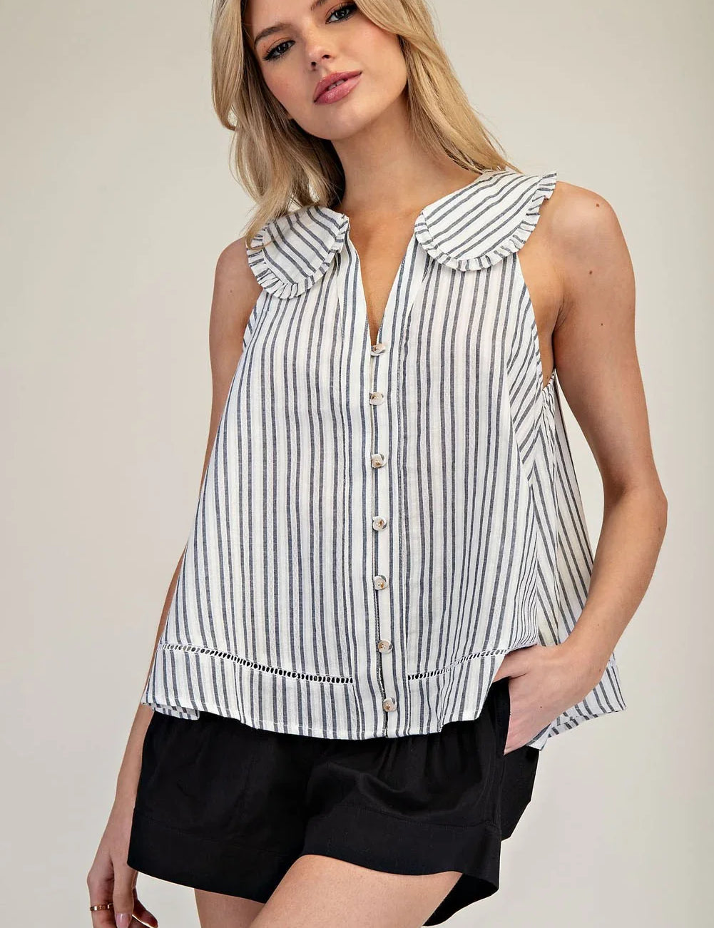 EESOME Striped Ruffle Collar Top - BLACK on Simply Obsessed