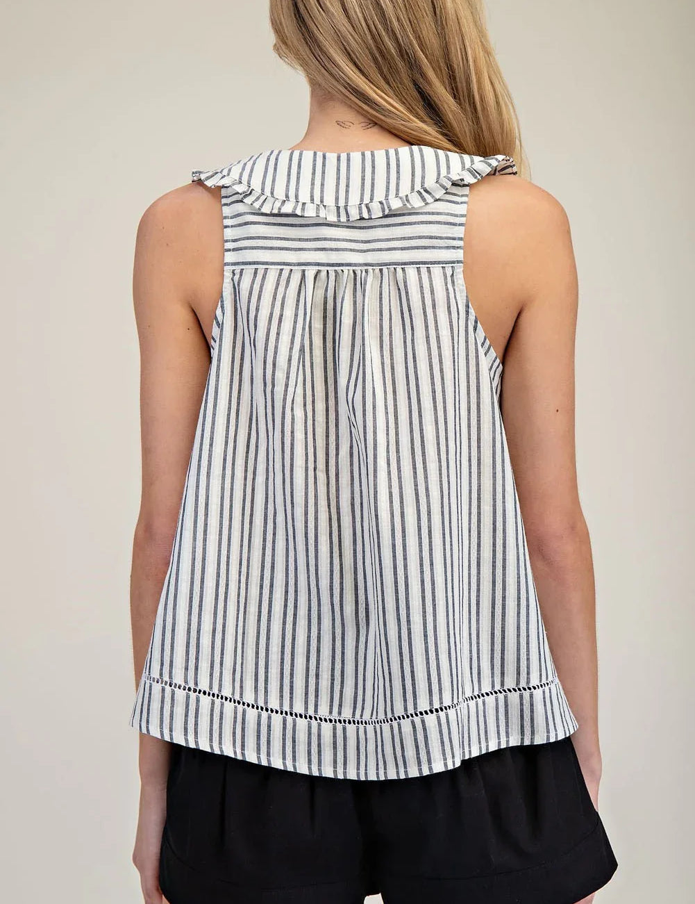 EESOME Striped Ruffle Collar Top - BLACK on Simply Obsessed