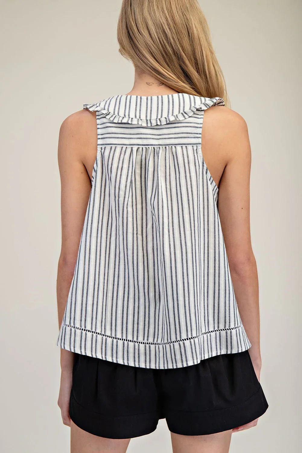 EESOME Striped Ruffle Collar Top - BLACK on Simply Obsessed