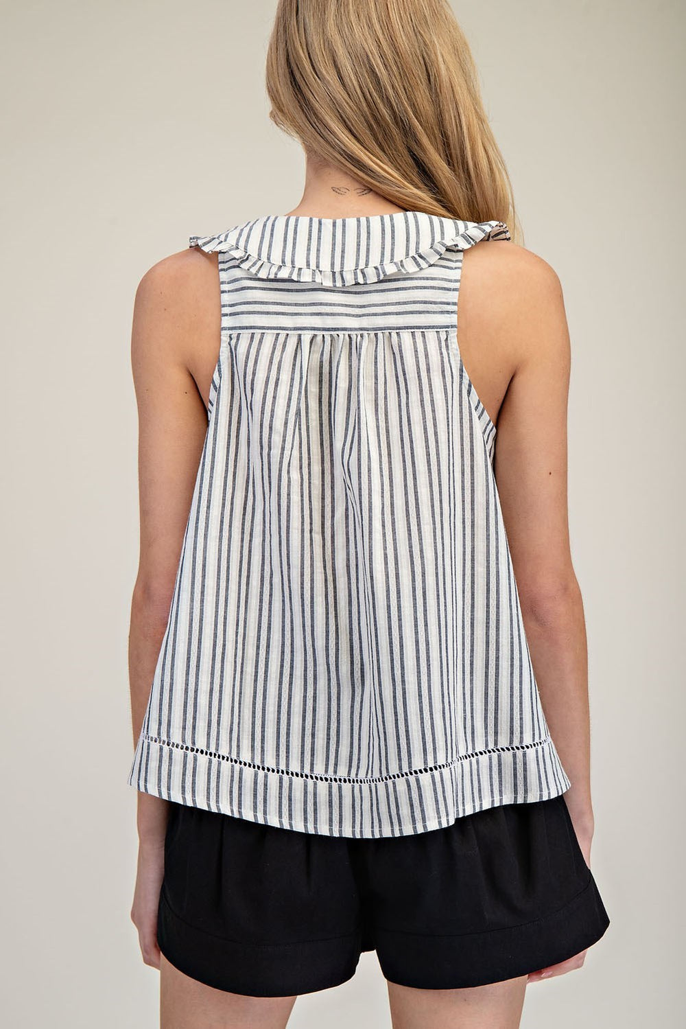 EESOME Striped Ruffle Collar Top - BLACK on Simply Obsessed