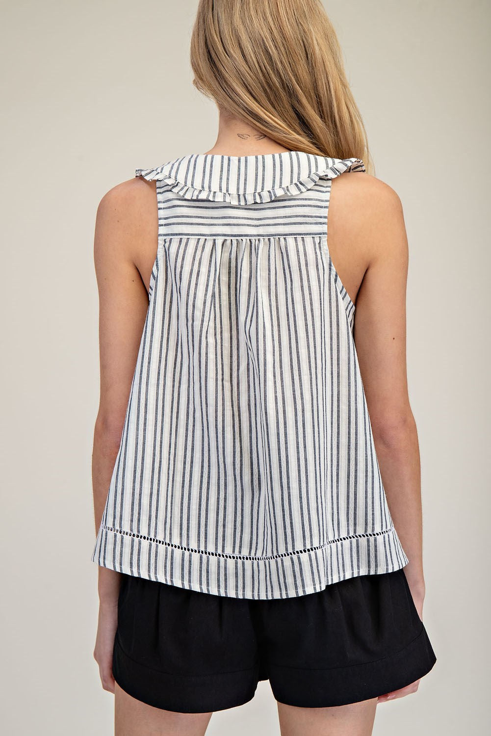 EESOME Striped Ruffle Collar Top - BLACK on Simply Obsessed