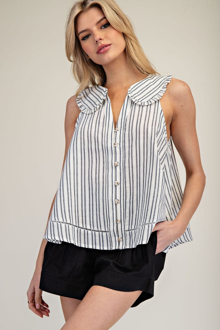 EESOME Striped Ruffle Collar Top - BLACK on Simply Obsessed