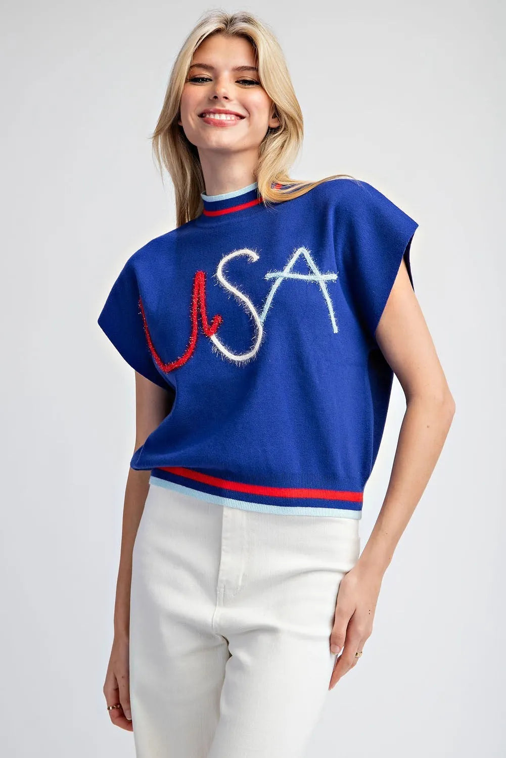 EESOME USA Short Sleeve Sweater Top - ROYAL BLUE on Simply Obsessed