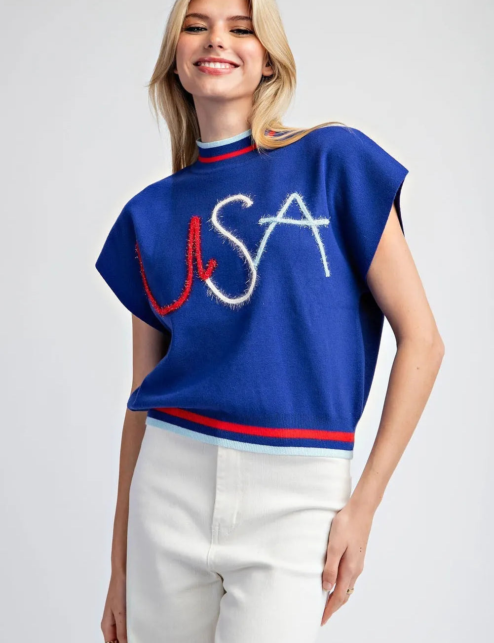 EESOME USA Short Sleeve Sweater Top - ROYAL BLUE on Simply Obsessed