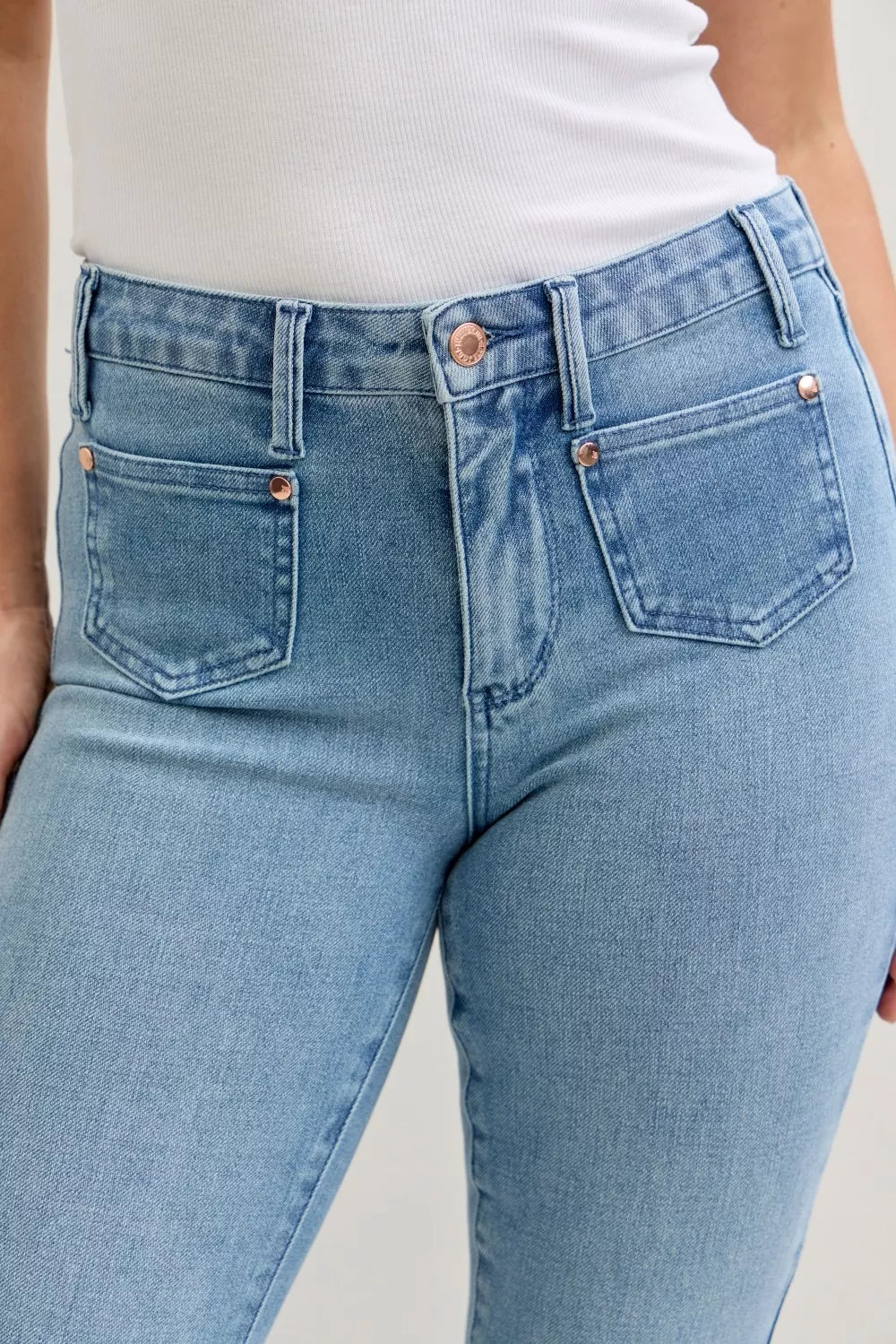 Judy Blue Full Size Mid Rise Bootcut Jeans with Contrast Wash & Front Patch Pockets Plus Size on Simply Obsessed