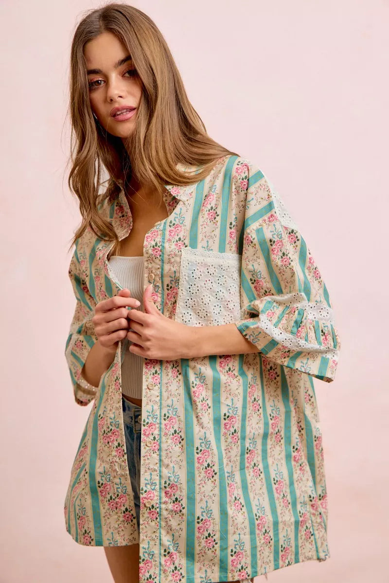 BIBI Eyelet Lace And Floral Mix And Match Shirt Top on Simply Obsessed