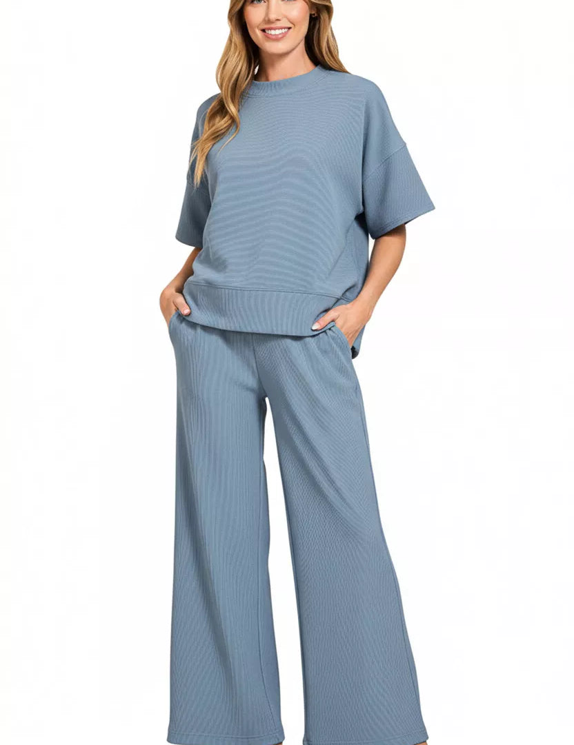 ZENANA Ribbed Round Neck Tee & Pants Set on Simply Obsessed