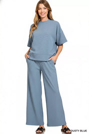 ZENANA Ribbed Round Neck Tee & Pants Set on Simply Obsessed