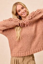 BiBi Chunky Knit Sweater with Flower Detail Sleeves on Simply Obsessed
