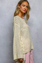 POL Round Neck Long Sleeve Open Weave Sweater on Simply Obsessed