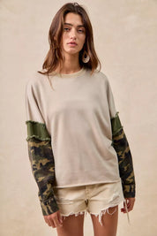BiBi Camo Sleeve French Terry Top with Frayed Edge on Simply Obsessed