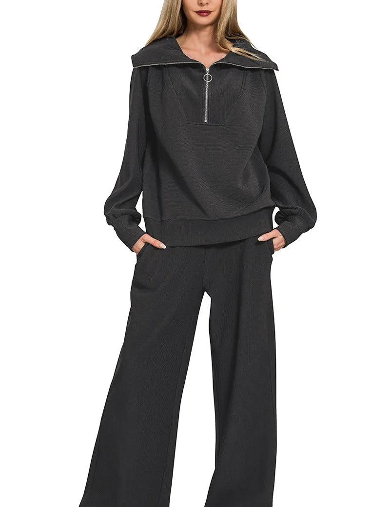 ZENANA Ribbed High Neck Half Zip Pullover & Pants Set on Simply Obsessed