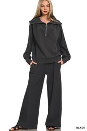 ZENANA Ribbed High Neck Half Zip Pullover & Pants Set on Simply Obsessed