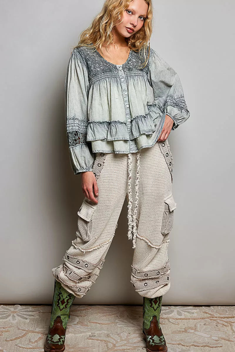 POL Washed Layered Lace Pintuck Flared Woven Blouse on Simply Obsessed