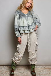 POL Washed Layered Lace Pintuck Flared Woven Blouse on Simply Obsessed