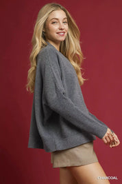 Umgee V-Neck Sweater with Wide Trim Detail on Simply Obsessed