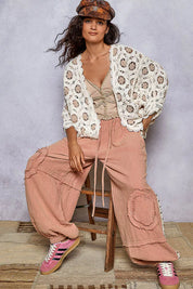 POL Openwork V-Neck Chenille Cardigan with Contrast Floral on Simply Obsessed
