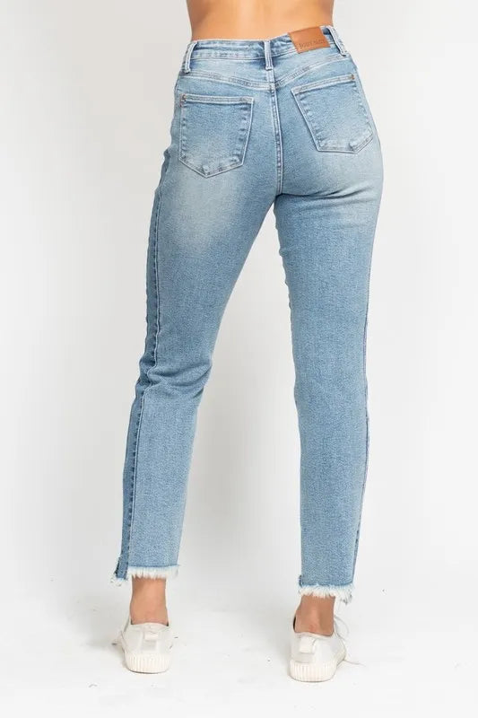 JUDY BLUE Full Size Vintage Wash Side Panel Detail with Fray Hem Slim Plus Size on Simply Obsessed