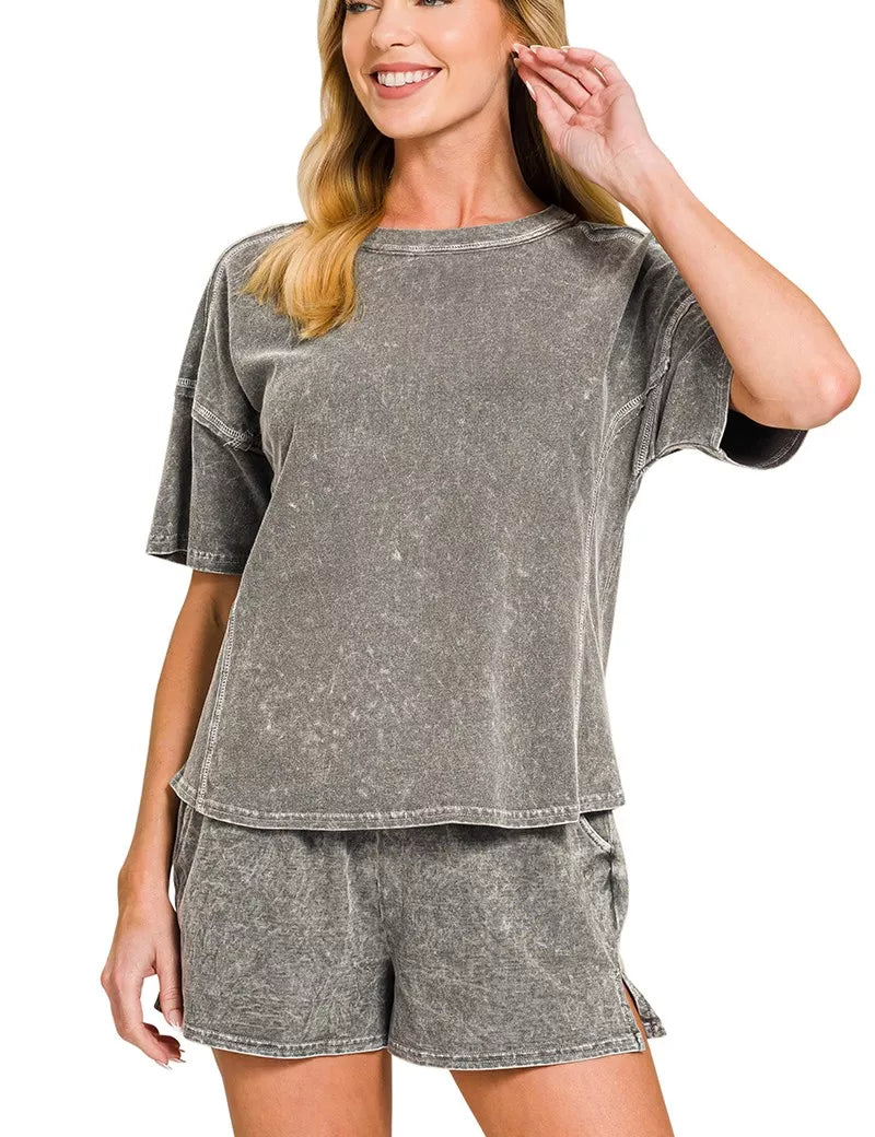 ZENANA Halo Snow Washed Short Sleeve Tee and Shorts Set on Simply Obsessed