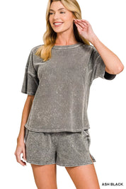 ZENANA Halo Snow Washed Short Sleeve Tee and Shorts Set on Simply Obsessed
