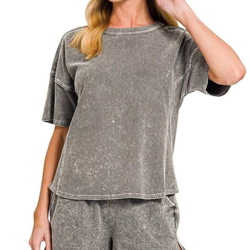 ZENANA Halo Snow Washed Short Sleeve Tee and Shorts Set on Simply Obsessed