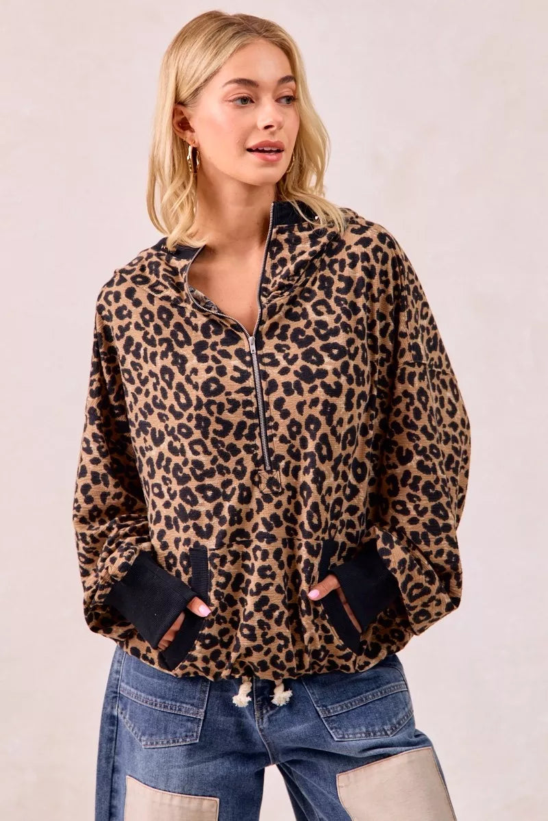 BiBi Leopard Print Waffle Half Zip Up Hoodie W Pocket on Simply Obsessed