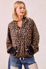 BiBi Leopard Print Waffle Half Zip Up Hoodie W Pocket on Simply Obsessed