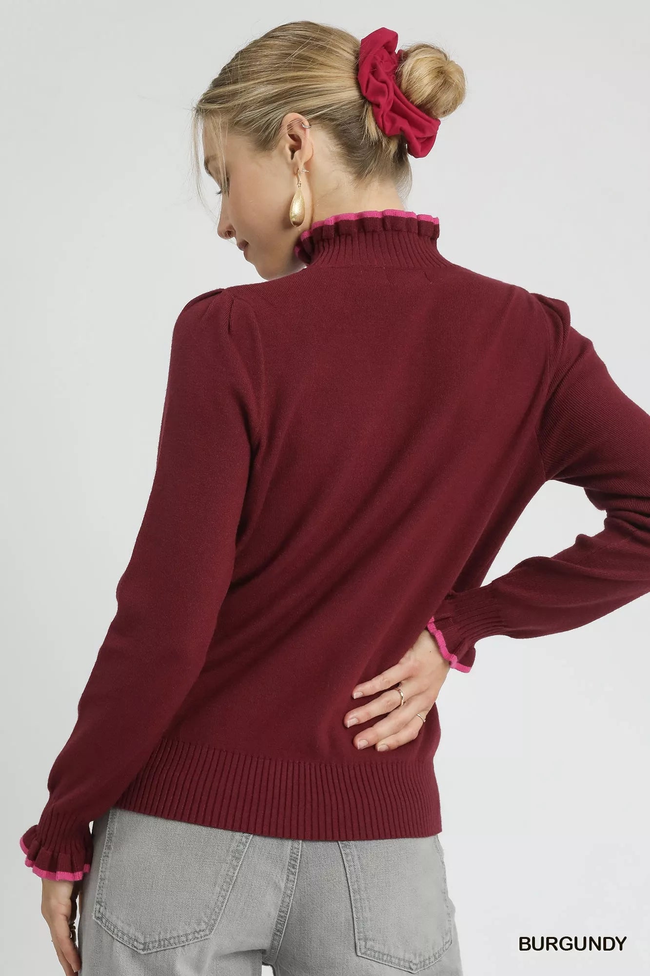 UMGEE Ribbed Round Neck Sweater with Ruffle Contrast Trim on Simply Obsessed