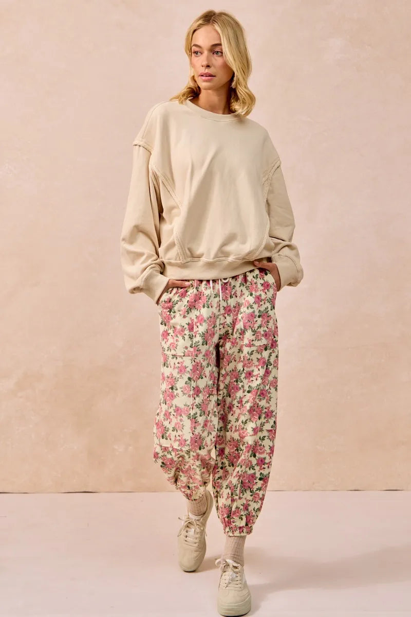 BIBI Floral Printed Twill Drawstring Pants With Elastic Band on Simply Obsessed