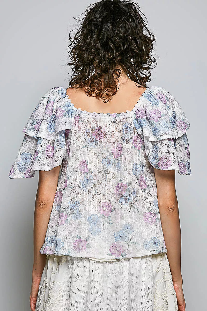 POL Lace Detail Floral Tie Front Ruffle Short Sleeve Blouse on Simply Obsessed