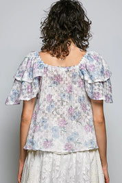 POL Lace Detail Floral Tie Front Ruffle Short Sleeve Blouse on Simply Obsessed