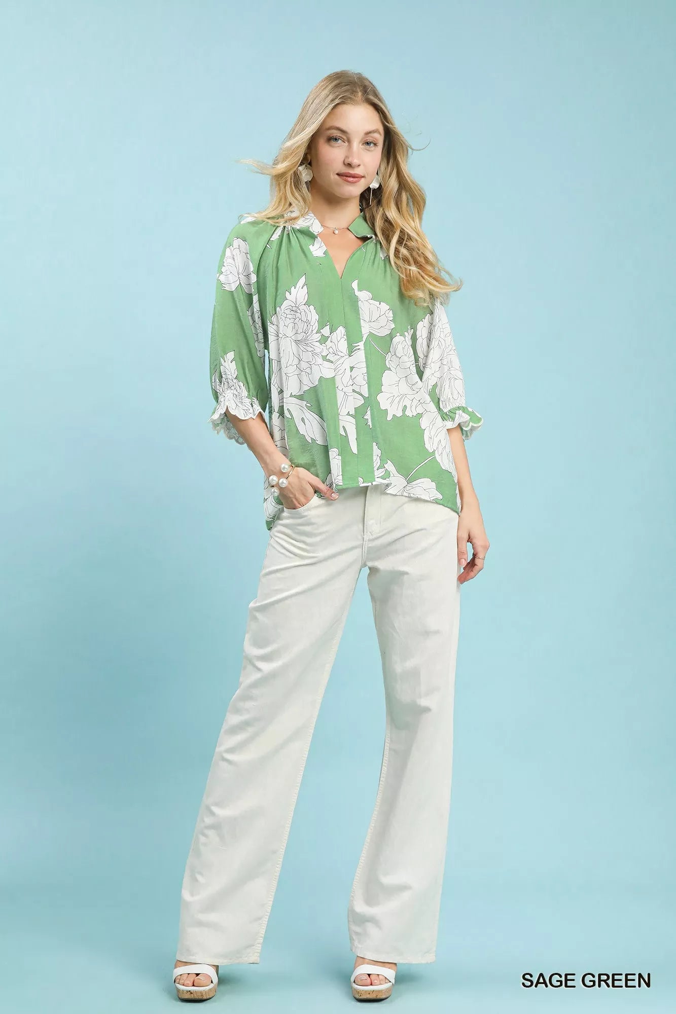 Umgee Peony Illustration Print Flounce Sleeve Blouse on Simply Obsessed