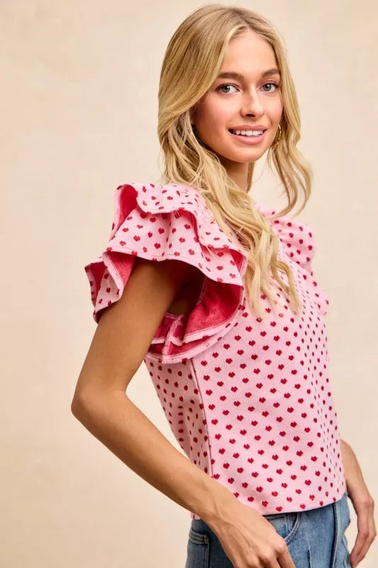 BiBi Heart Patterned Knit Ruffled Sleeves Top on Simply Obsessed